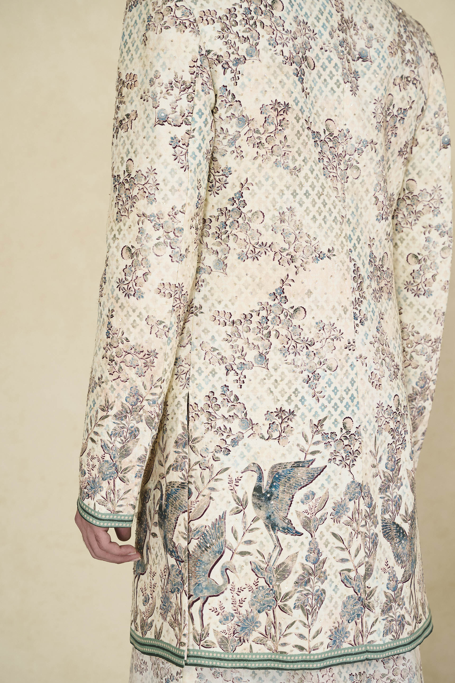 Rukham Printed Silk Sherwani - Ivory, Ivory, image 9